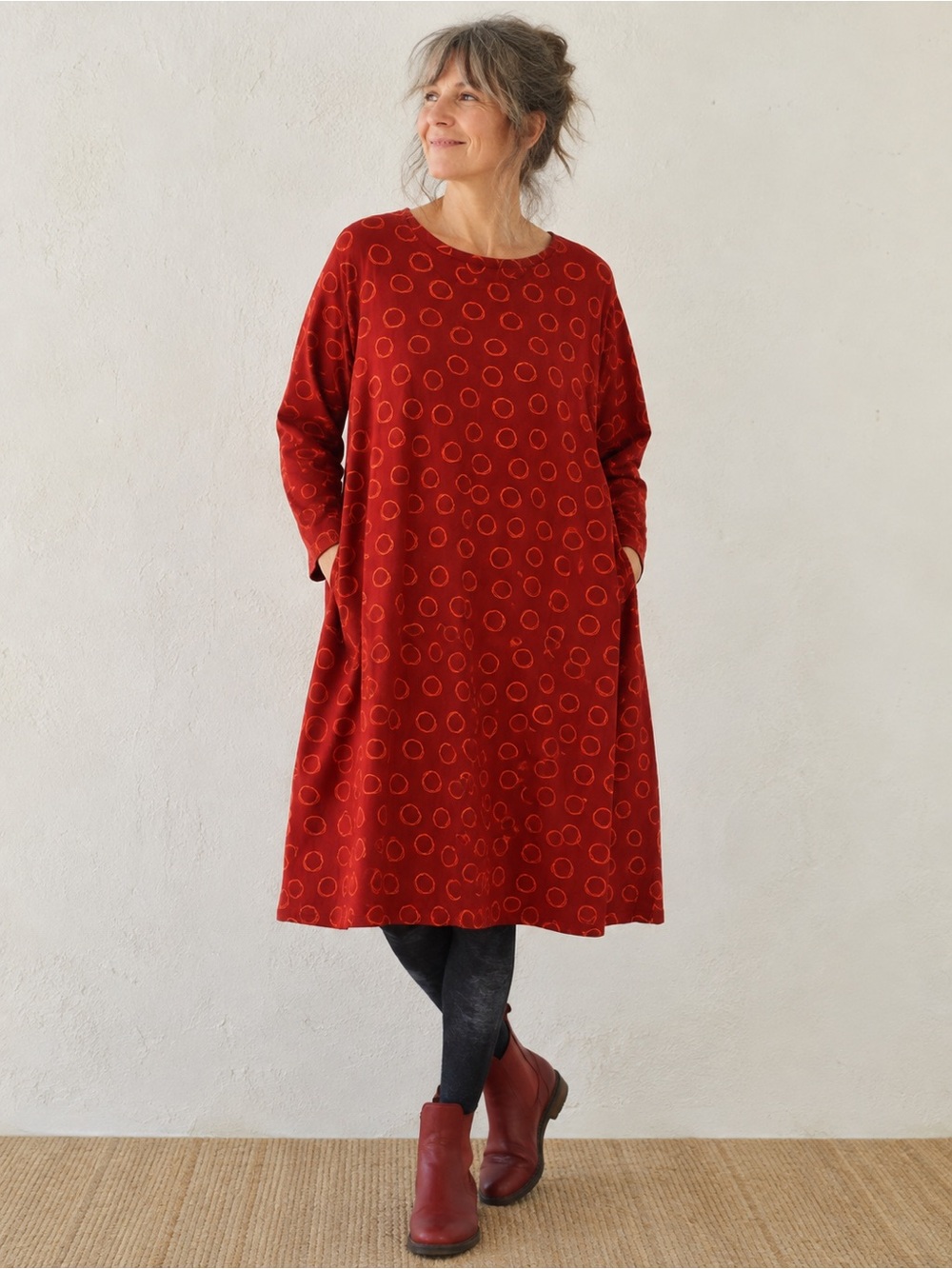 Gudrun Sjödén Organic Cotton Red Circle Print Lagenlook Dress Pockets L
